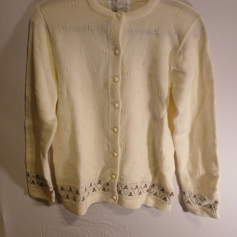Vtg Med Billie Jo Button Front Cream Cardigan Sweater 38" Chest B14